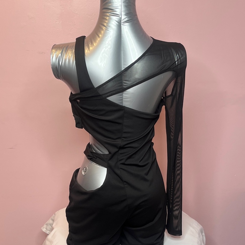Fashion Nova Black One-Shoulder Mesh Romper - Picture 2 of 3